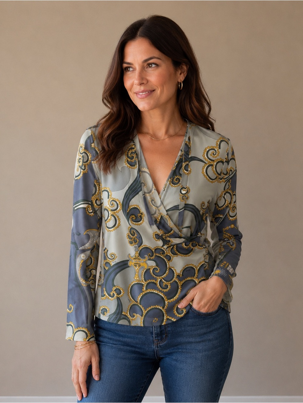 EMILIO PUCCI Green, Gray & Gold Surplice Blouse Stretch Cotton Faux Wrap Medium